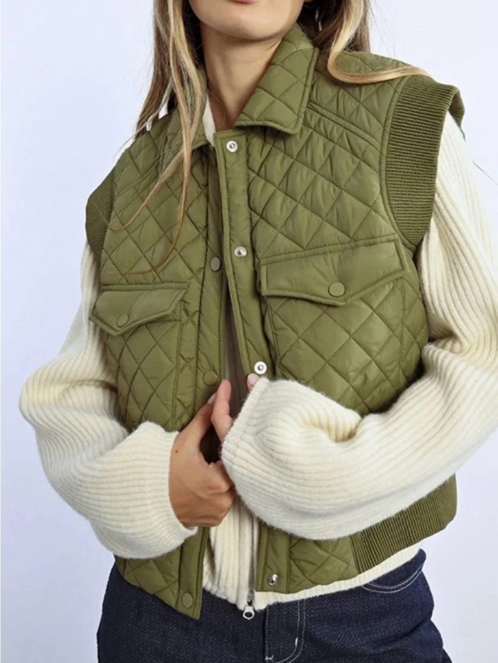 Lili Sidonio Quilted Utility Vest Olive Green Size L NWT Without Tags